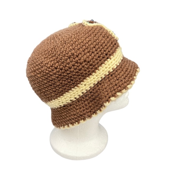 Handmade Crochet Beaded Brim Hat Faux Fur Pom Chunky Yarn Lined Boho Retro - Picture 2 of 6